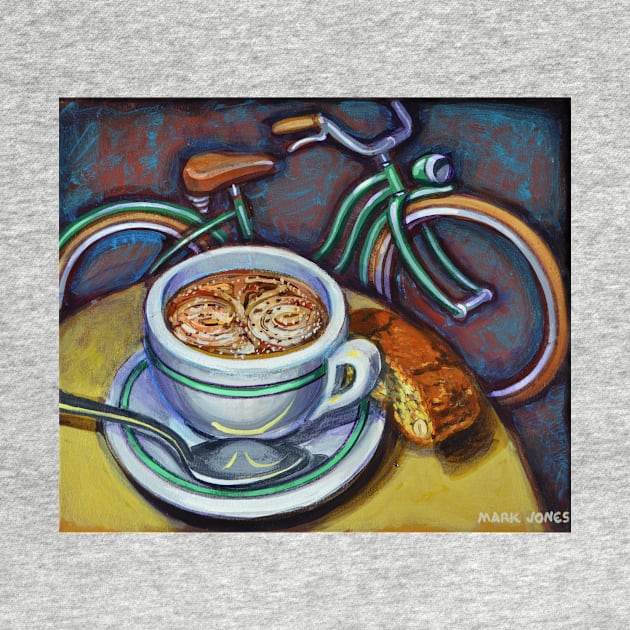 Green Schwinn bicycle with cappuccino and biscotti. by markhowardjones